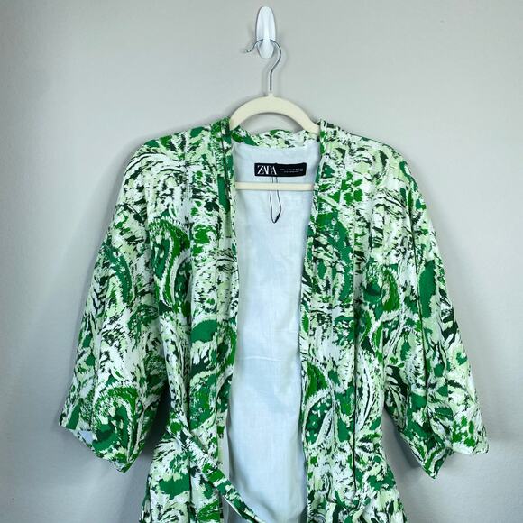 ZARA Linen Blend Green Paisley Print Tie Front Kimono Size Large Beach Resort - Picture 3 of 7